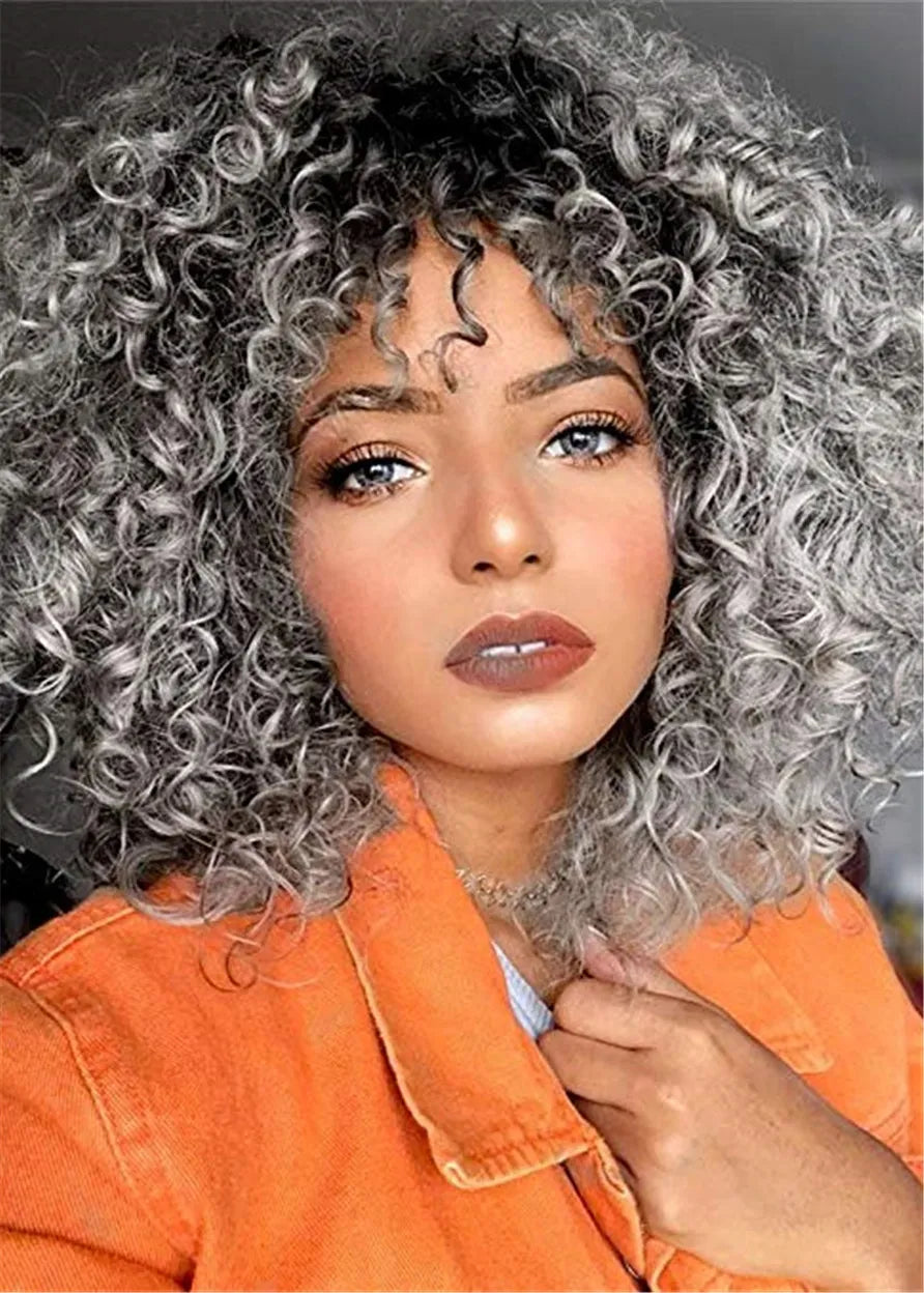 Synthetic Mixed 0mbre Wig With Bangs For Black Women 16 Inches