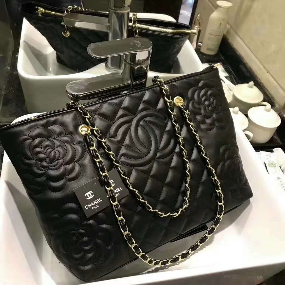 CHANEL Rosaire « Florence » Sheepskin Leather Tote Bag With Camellia Pattern Black  W35 x H26 x D12 CM