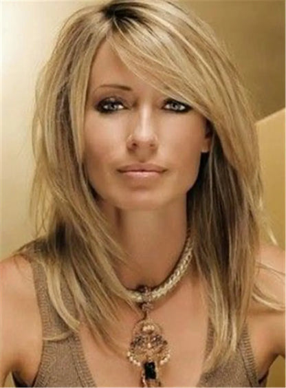Sexy Side Swept Straight Human Hair Women Capless Wigs 14 Inches