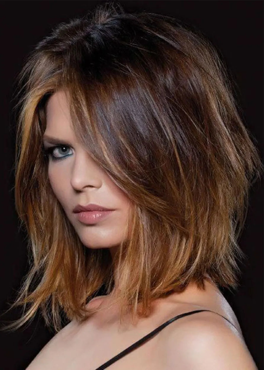 Women's Medium Bob Layered Hairstyles Natural Straight Human Hair Wigs Lace Front Wigs 16Inch
