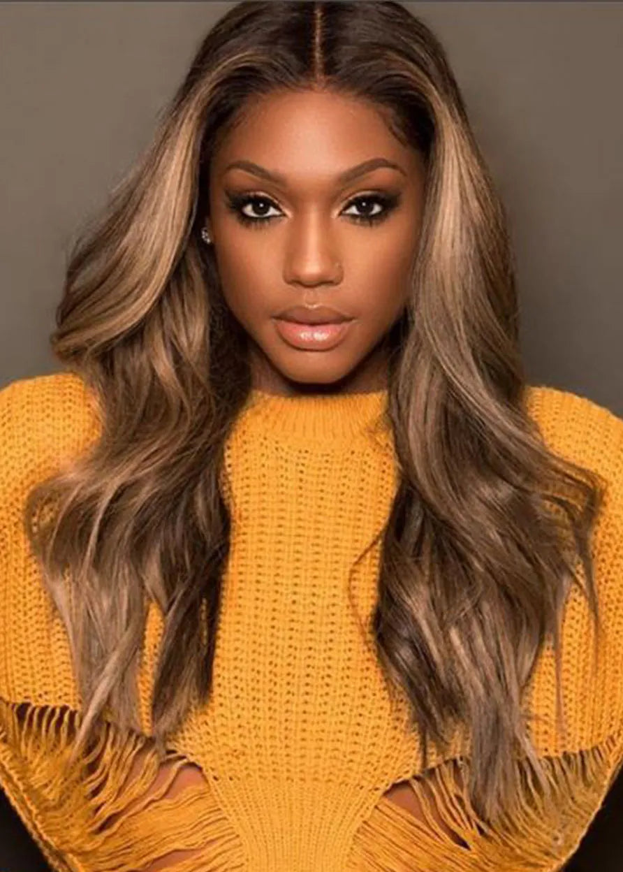 Women Glueless Wavy Ombre Ash Blonde Pre Plucked Baby Hair Synthetic Hair Lace Front Wig 24Inch