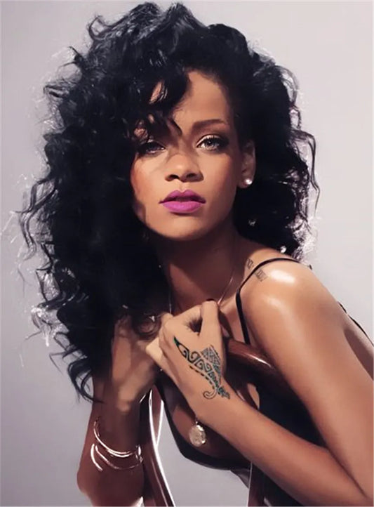 Rihanna Hairstyles Women's Layered Loose Wave Long Length Synthetic Hair With Casual Bangs Capless Wigs 18 Inches